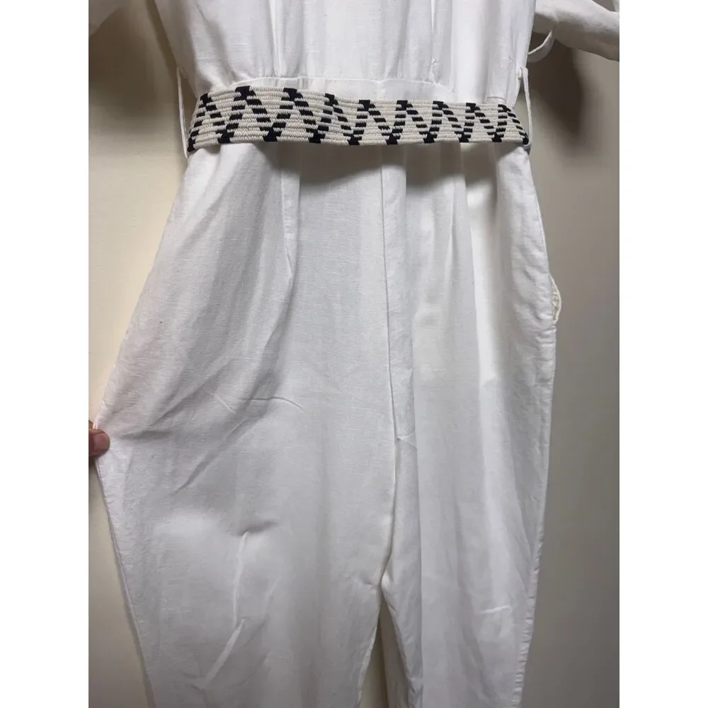 NWOT - ZARA Linen/Cotton Blend Belted Jumpsuit, Zip Fly, Roll Tab Sleeves, Sz S